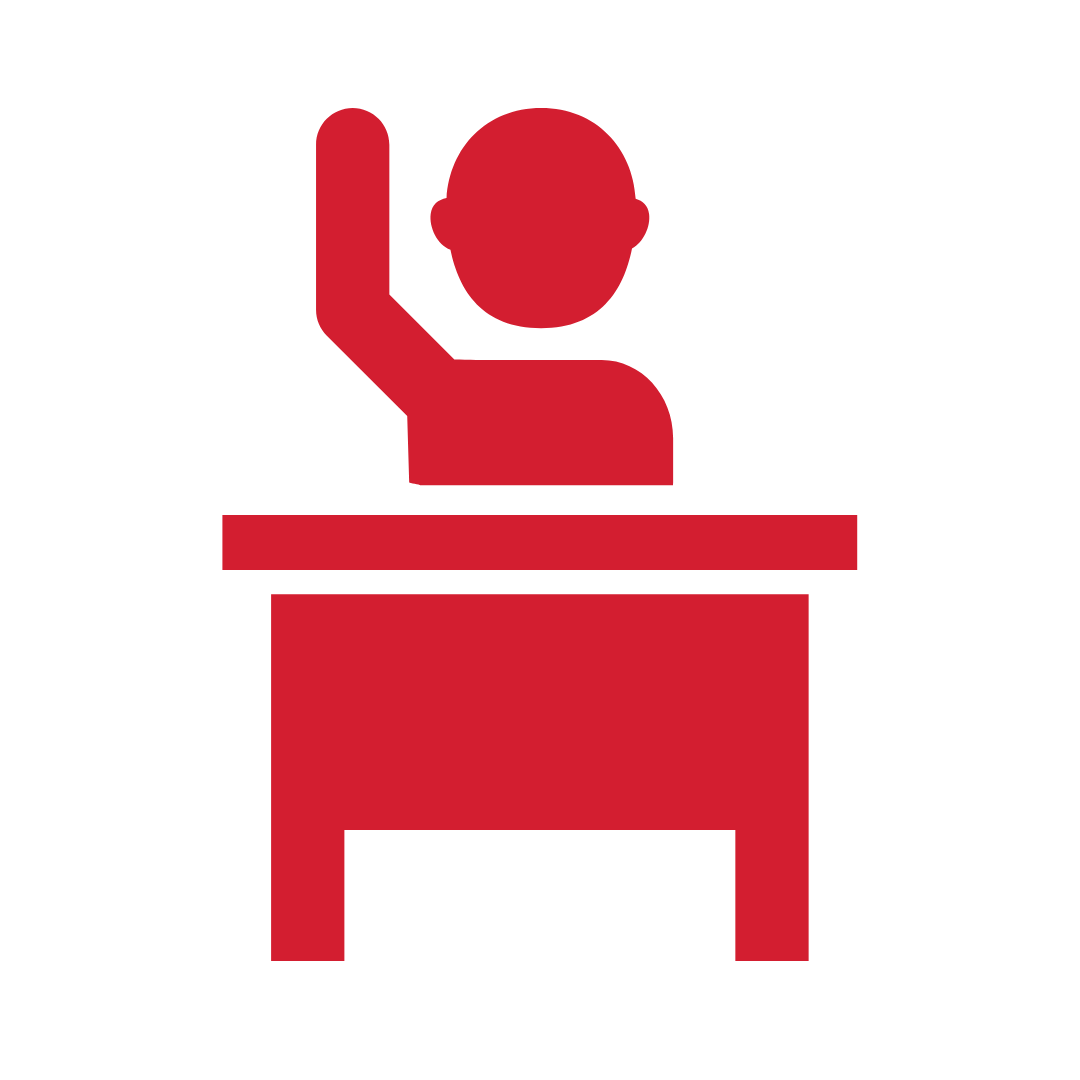 Graphic of a person sitting at a desk raising their hand