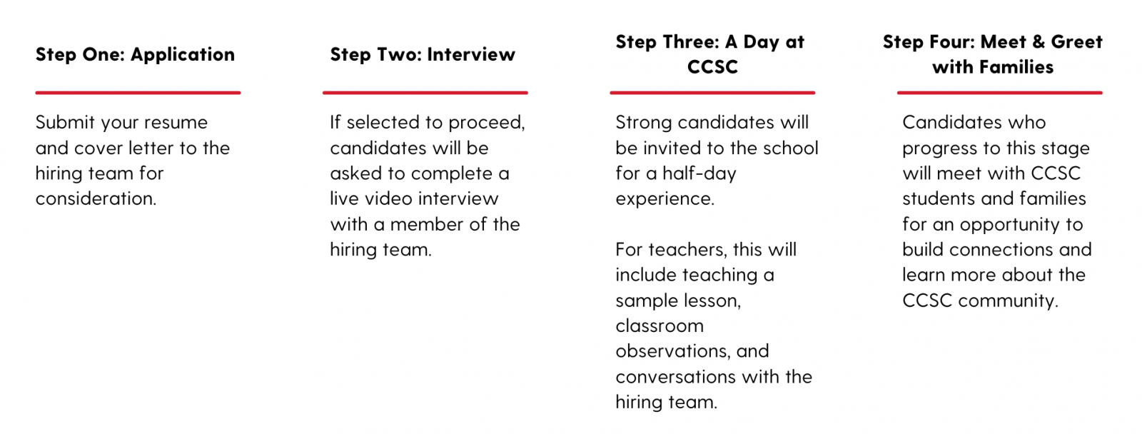Text outlining hiring process: step one - application (submit your resume and cover letter to the hiring team for consideration), step two - interview (if selected to proceed, candidates will be asked to complete a live video interview with a member of the hiring team), step three - day at CCSC (strong candidates will be invited to the school for a half-day experience. For teachers this will include teaching a sample lesson, classroom observations, and conversations with the hiring team), and step four - meet & greet with families (candidates who progress to this stage will meet with CCSC students and families for an opportunity to build connections and learn more about the CCSC community)