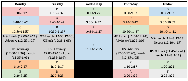 Photo of a weekly schedule with different class blocks labeled 