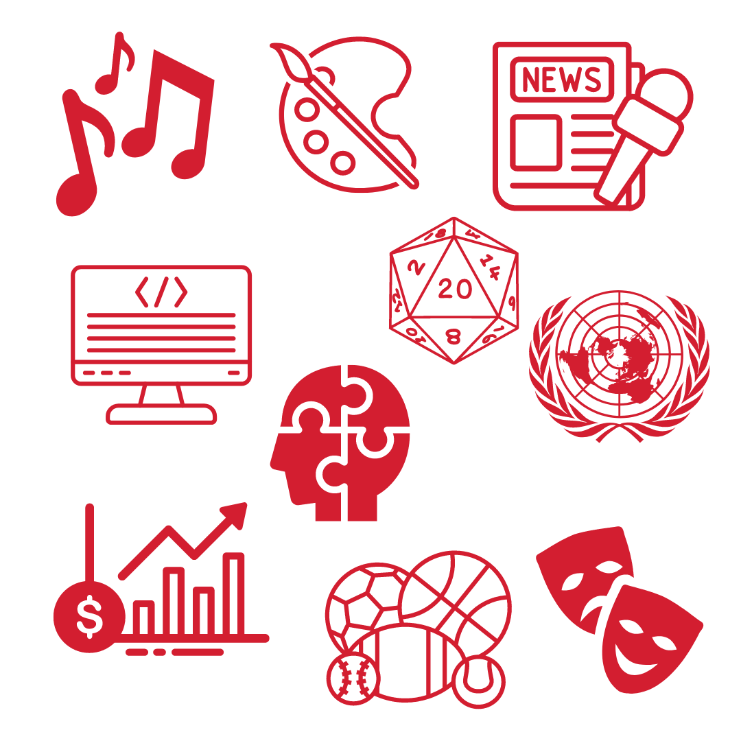A graphic that includes images of music notes, a paintbrush, a newspaper, a computer, a 20 sided die, a bar graph, athletic balls, theatre masks, and the UN symbol.