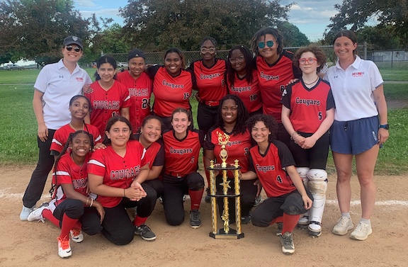 Picture of softball team with championship trophy